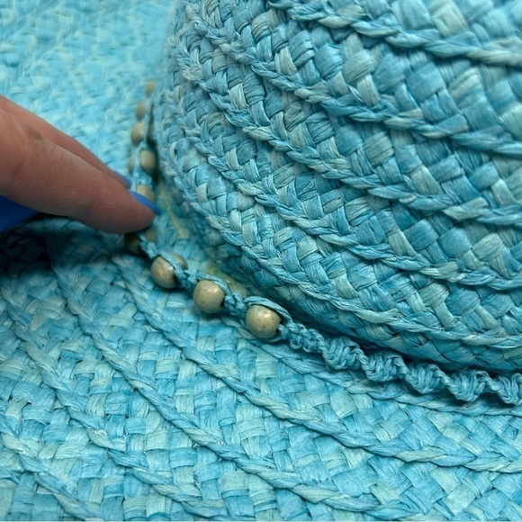 Vintage Light Sky Blue Sun Hat with Genuine Shell Design Summer Vacation Beach - Picture 15 of 15